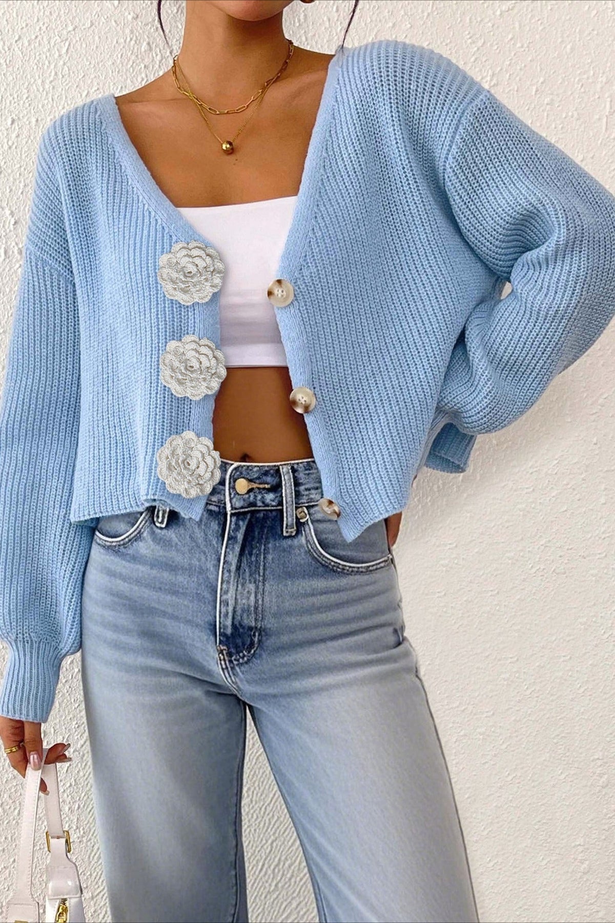 Button Front Crochet Knit Crop Sweater