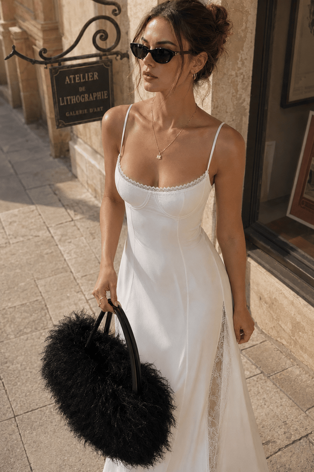 Lace Trim Spaghetti Strap Corset Side Slit Slip Maxi Dress 4