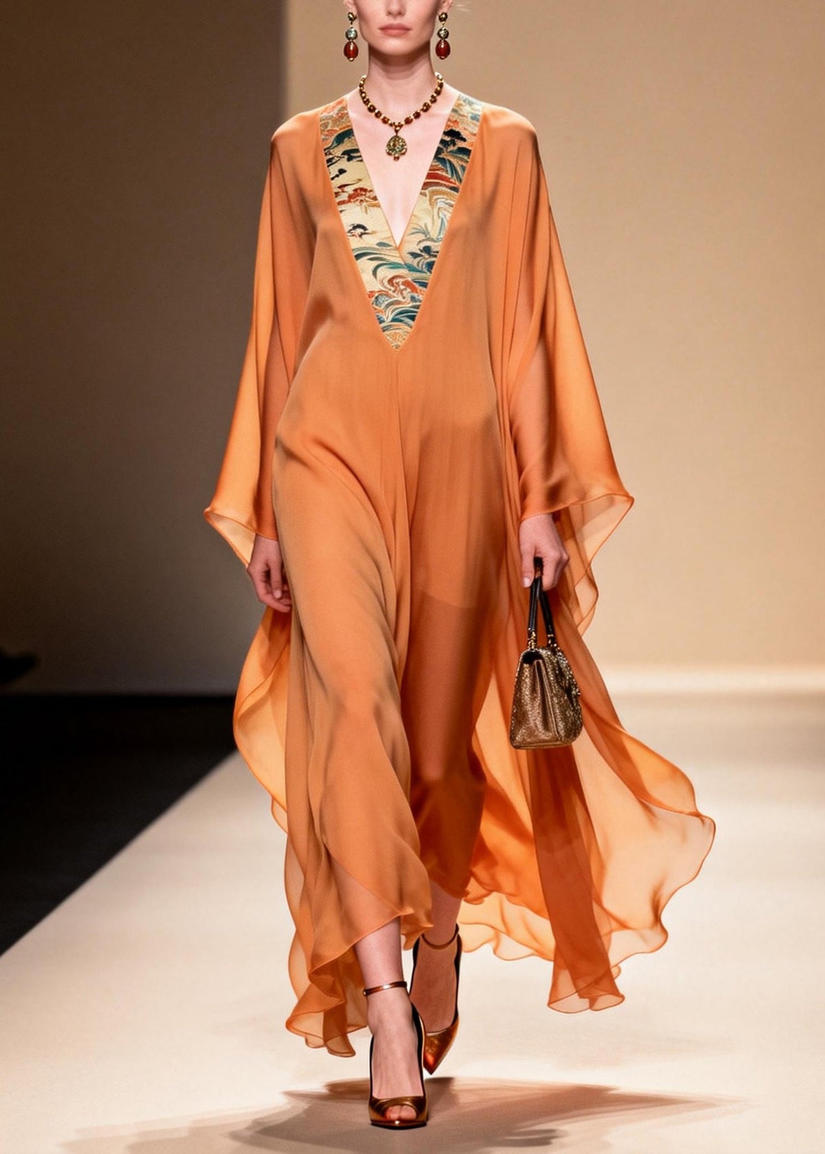 Landscape Trim Deep V-Neck Kimono Sleeve Kaftan Maxi Gown - View 2