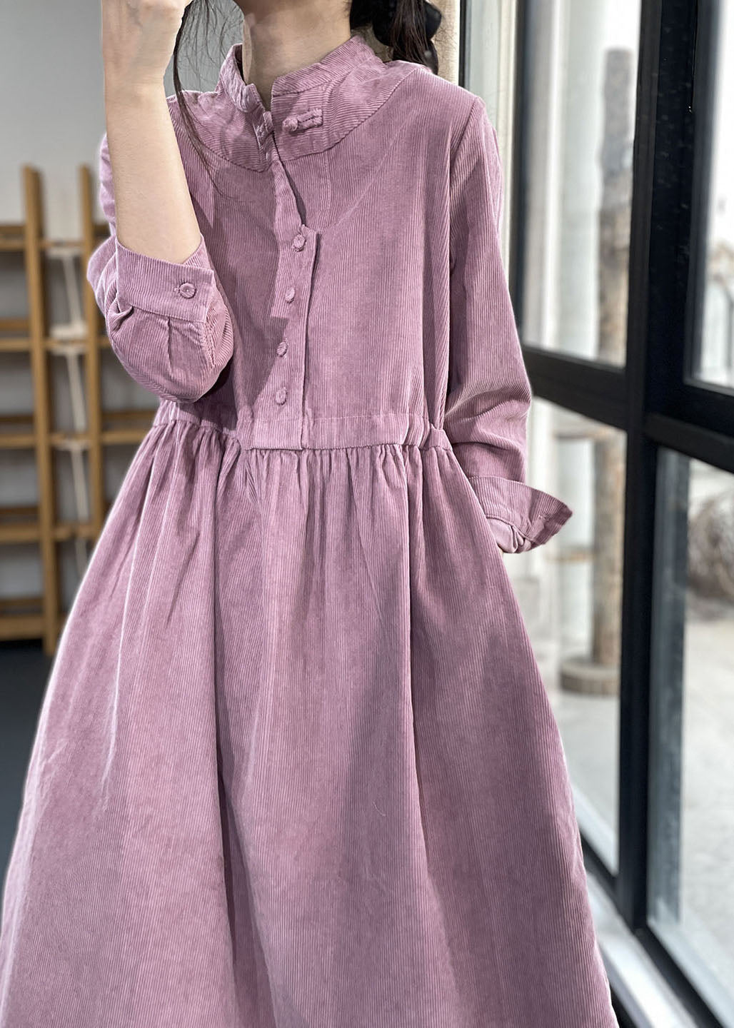 Corduroy Mock Neck Button Front Long Sleeve Pocket Midi Dress - View 3