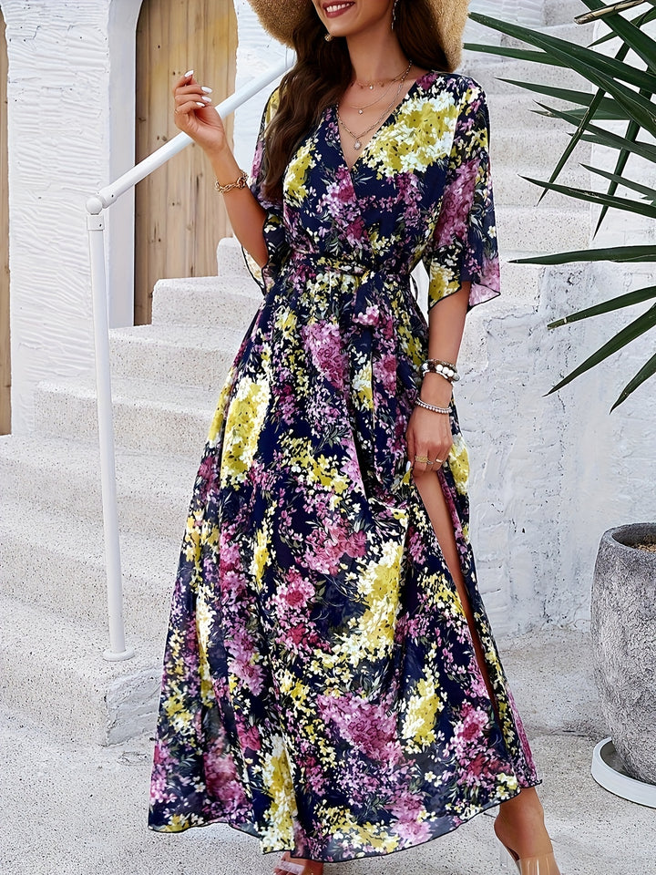 Floral Print V-Neck Short Sleeve Belted High Split Maxi Dress - View 2