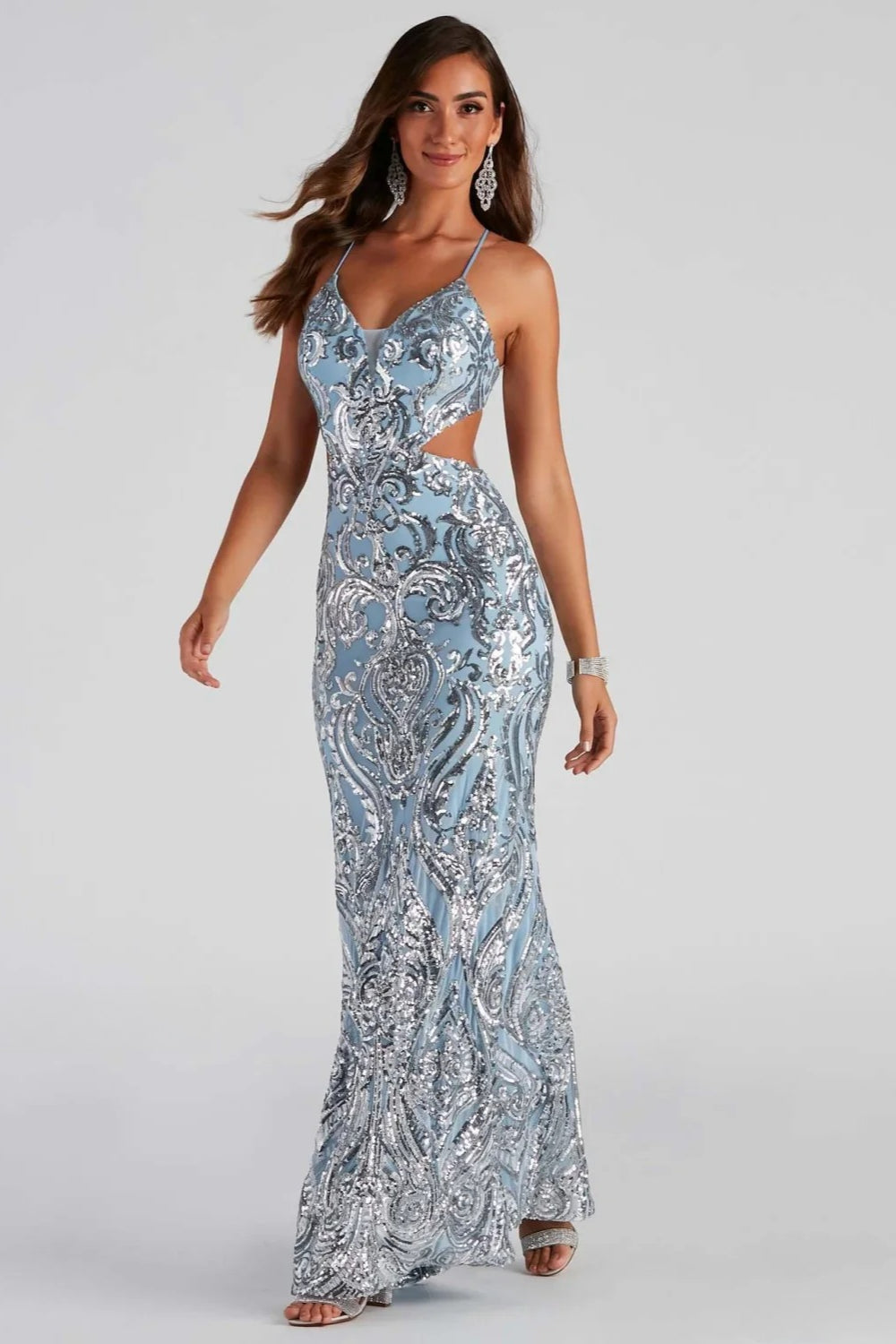 Sequin V-Neck Spaghetti Strap Cut Out Lace Up Mermaid Gown - View 2