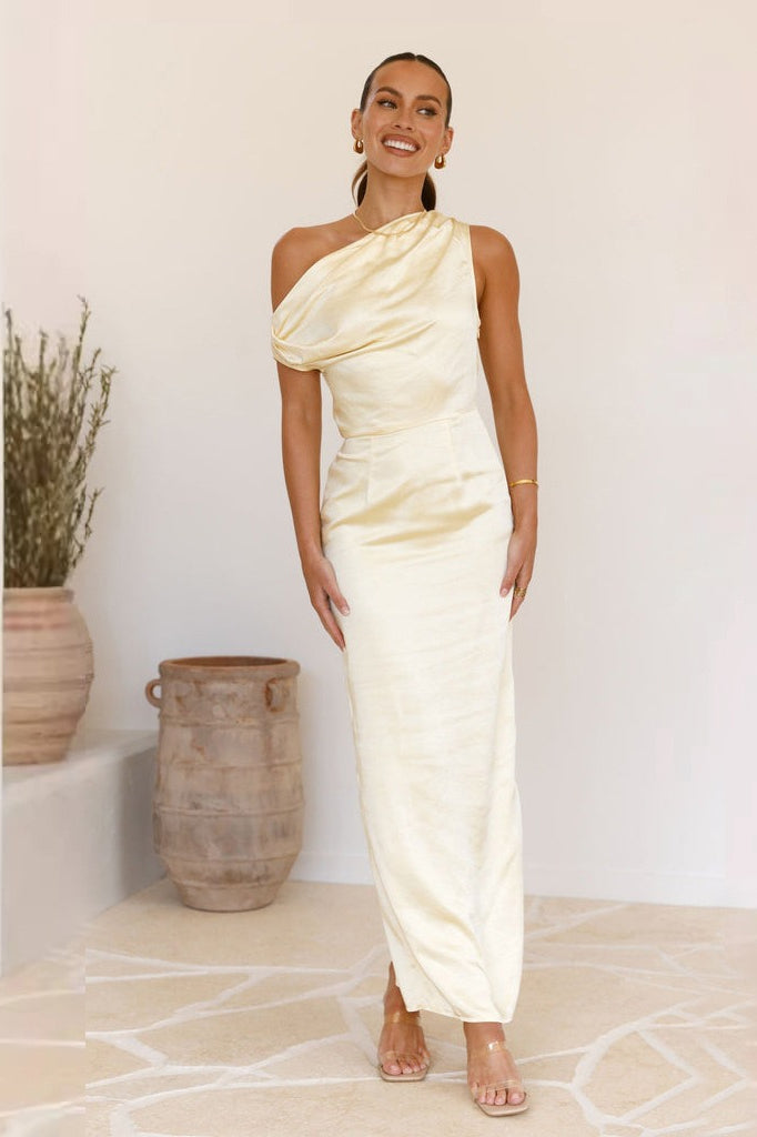 Satin One Shoulder Draped Column Maxi Dress - View 19