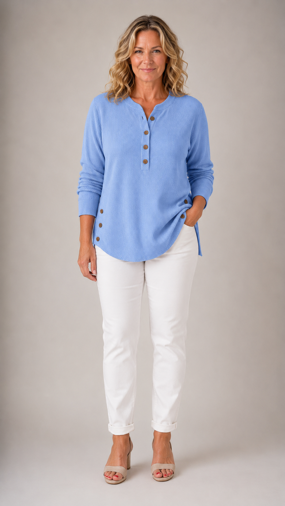 Ribbed Henley Neck Long Sleeve Button Detail Tunic Top