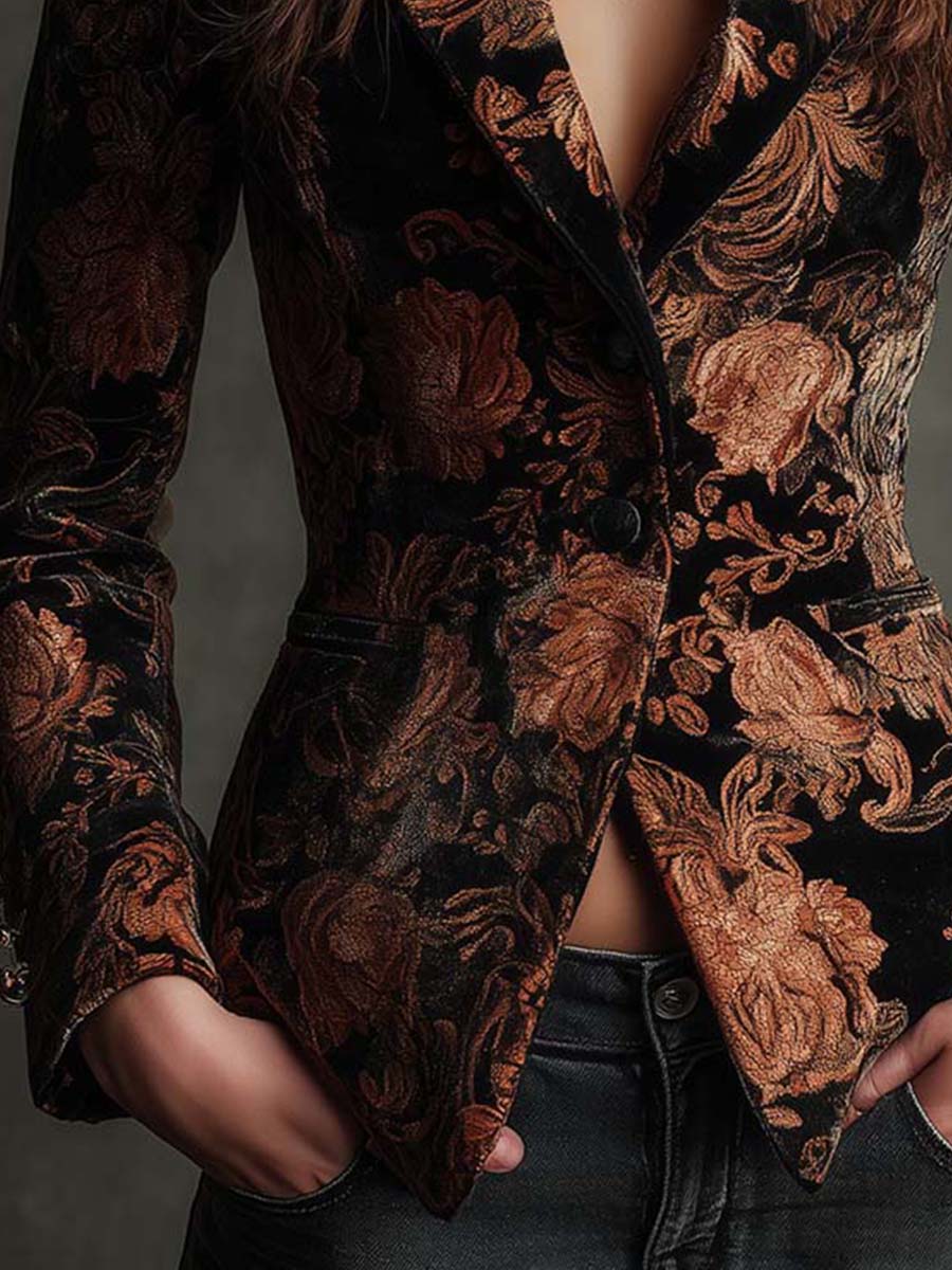 Floral Jacquard Velvet Peak Lapel Fitted Blazer 5