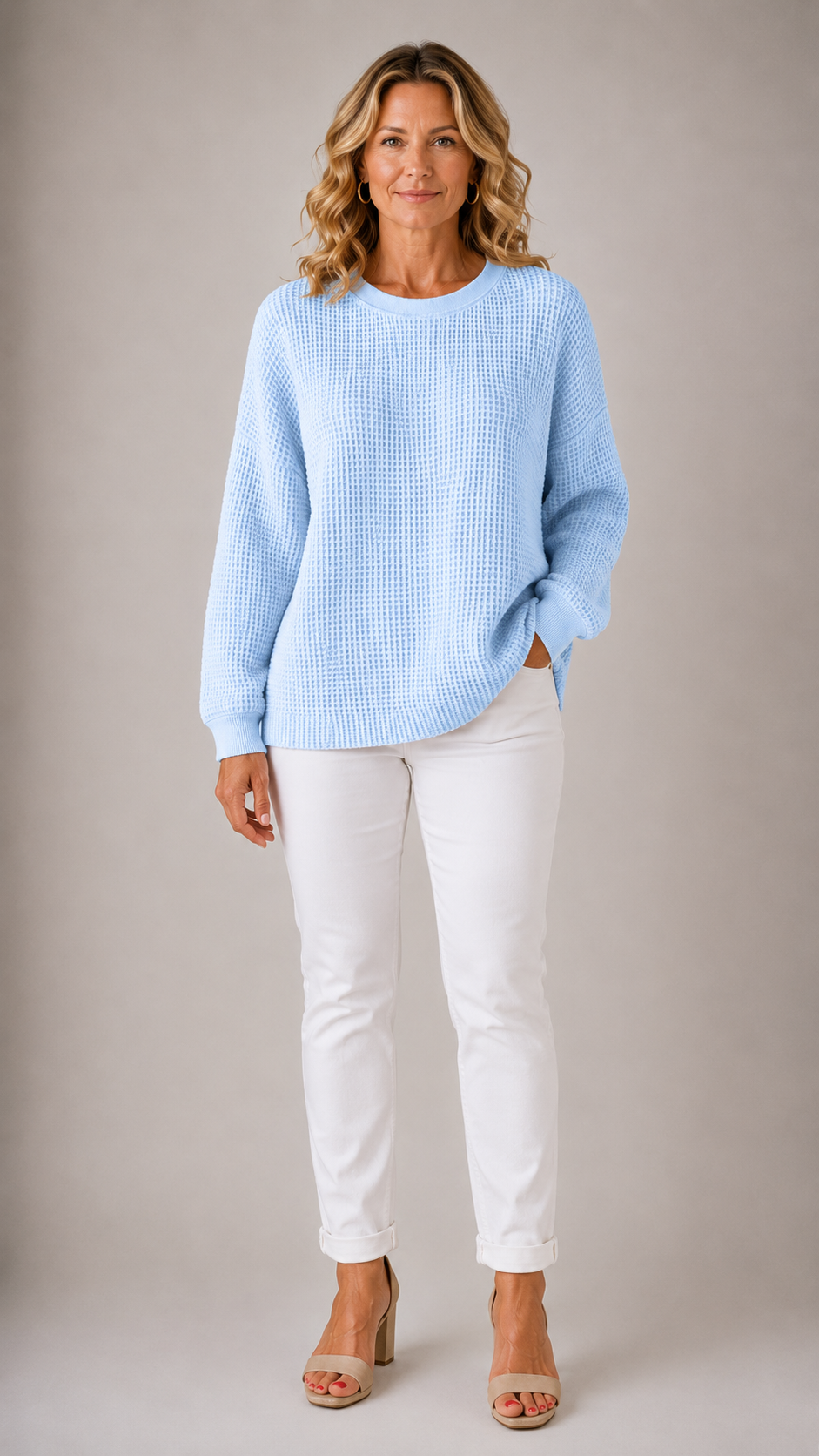 Waffle Knit Crew Neck Drop Shoulder Sweater