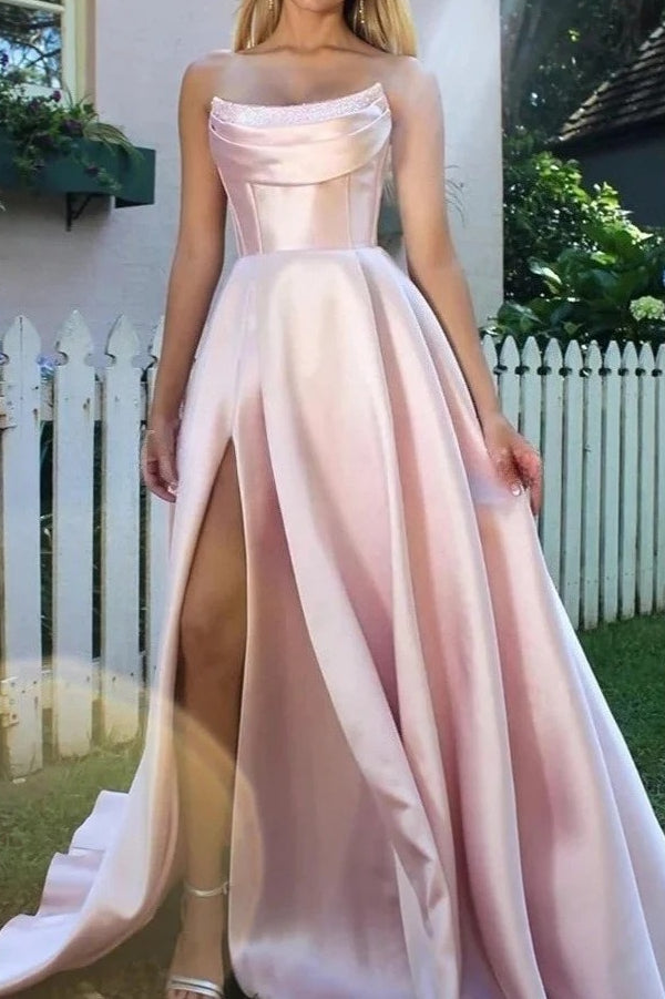 Satin Strapless Beaded High Split A-Line Ball Gown - View 2