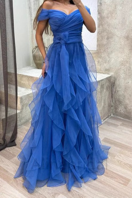 Off Shoulder Sweetheart Ruched Tiered Tulle A-Line Maxi Gown - View 7