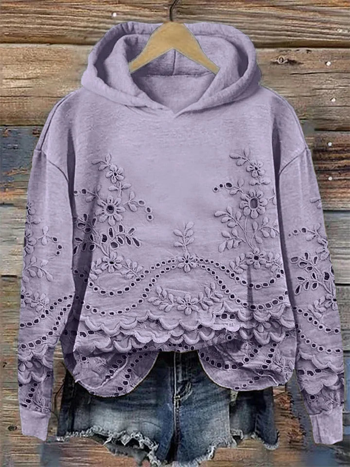 Floral Eyelet Embroidered Scalloped Hem Hoodie Sweatshirt 4