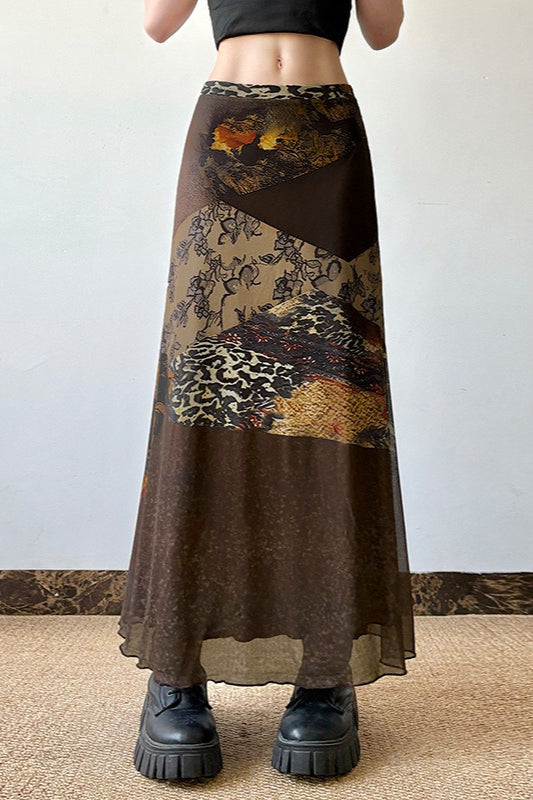 Abstract Print Contrast Waist Sheer Skirt