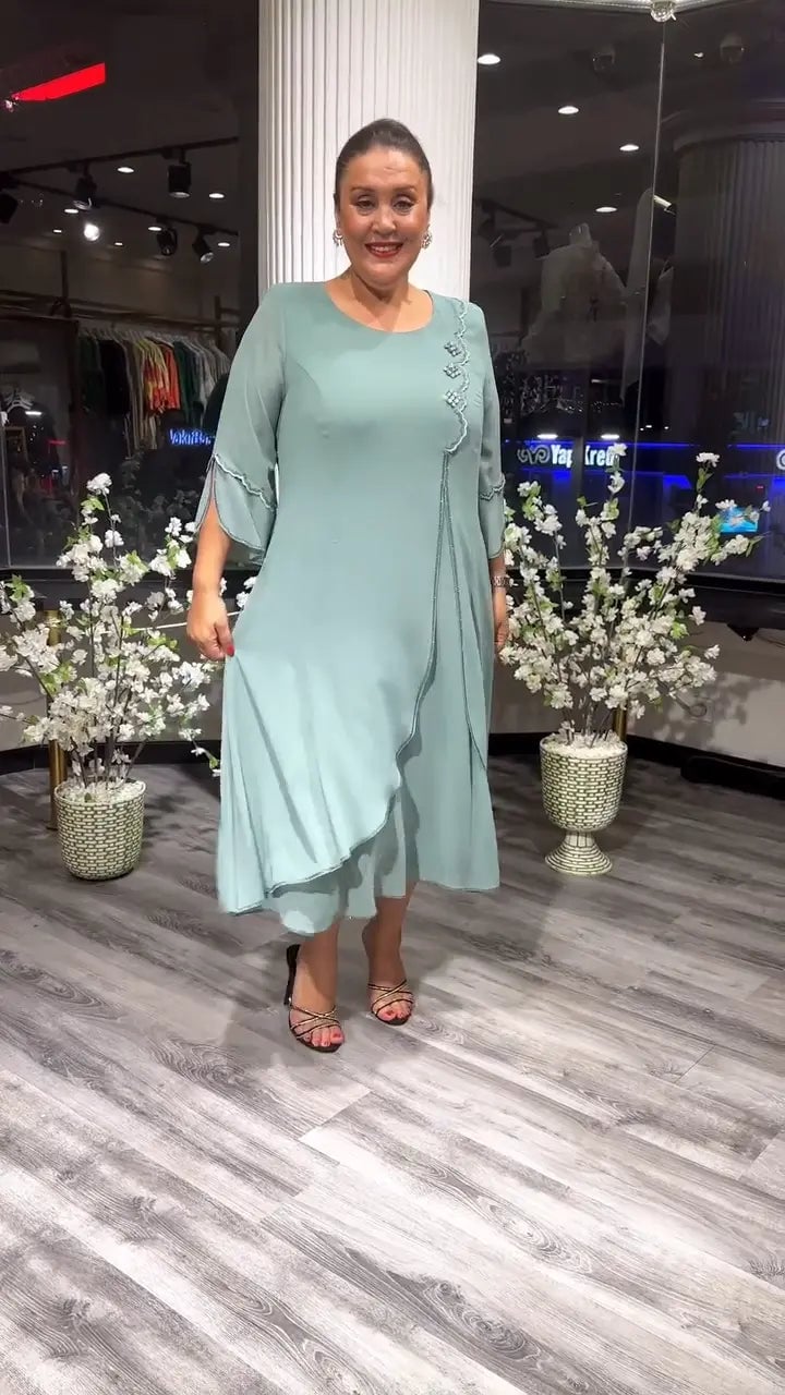 Chiffon Floral Applique Bell Sleeve A-Line Midi Dress - View 5