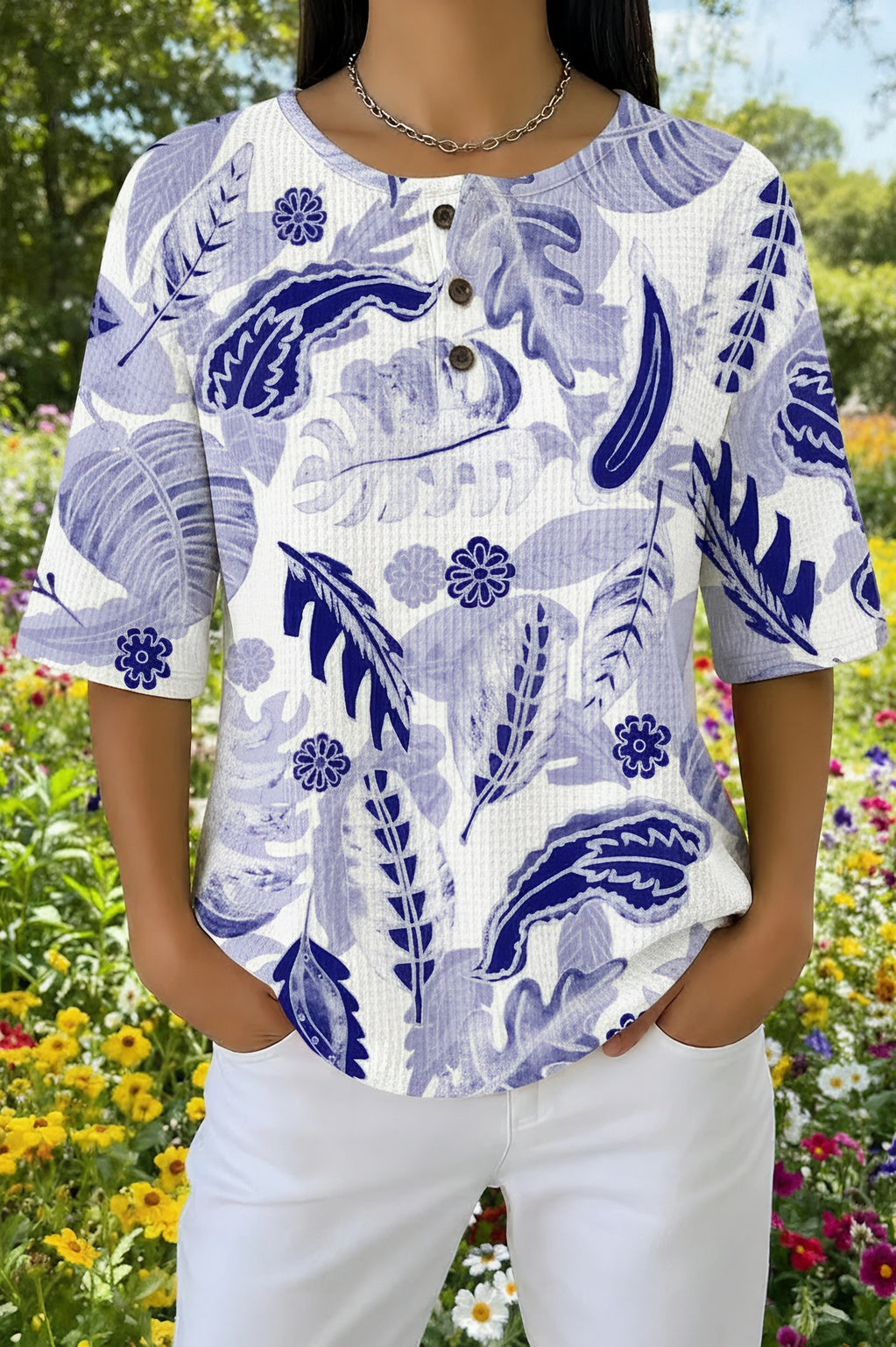 Tropical Leaf Print Waffle Knit Button Henley Top