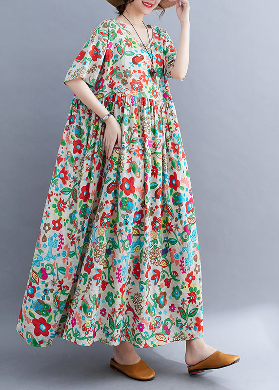 Floral Graphic Print Round Neck Short Sleeve Maxi Dress - View 4