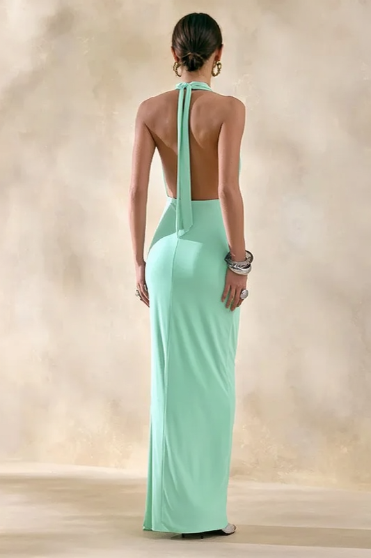 Halter Cowl Neck Ruched High Split Maxi Dress - View 8