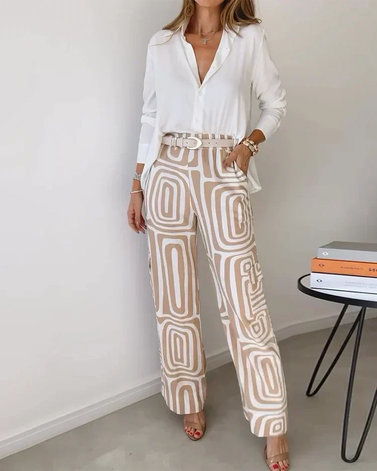 Button Front Shirt and Geometric Print Wide Leg Pants Two Piece Set 3