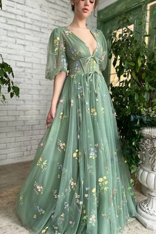 Deep V-Neck Puff Sleeve Floral Embroidered Tulle A-Line Dress 2