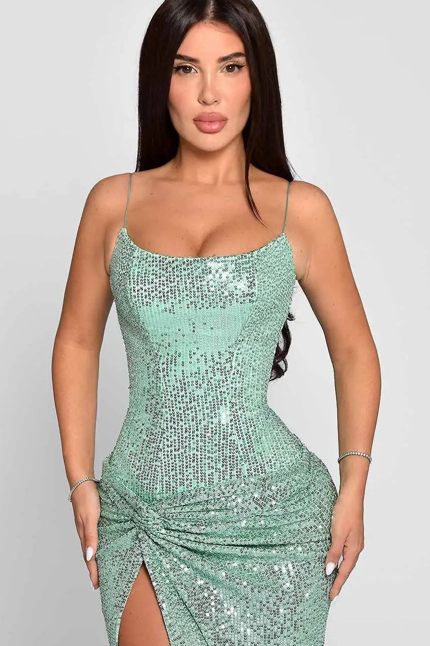 Sequin Spaghetti Strap Ruched High Split Mermaid Maxi Gown - View 3