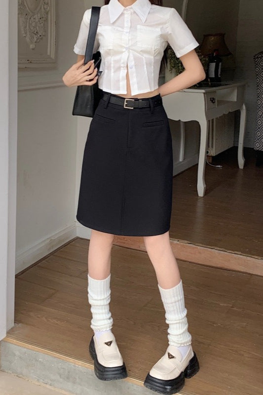 High-Waist Pleated Denim Mini Skort