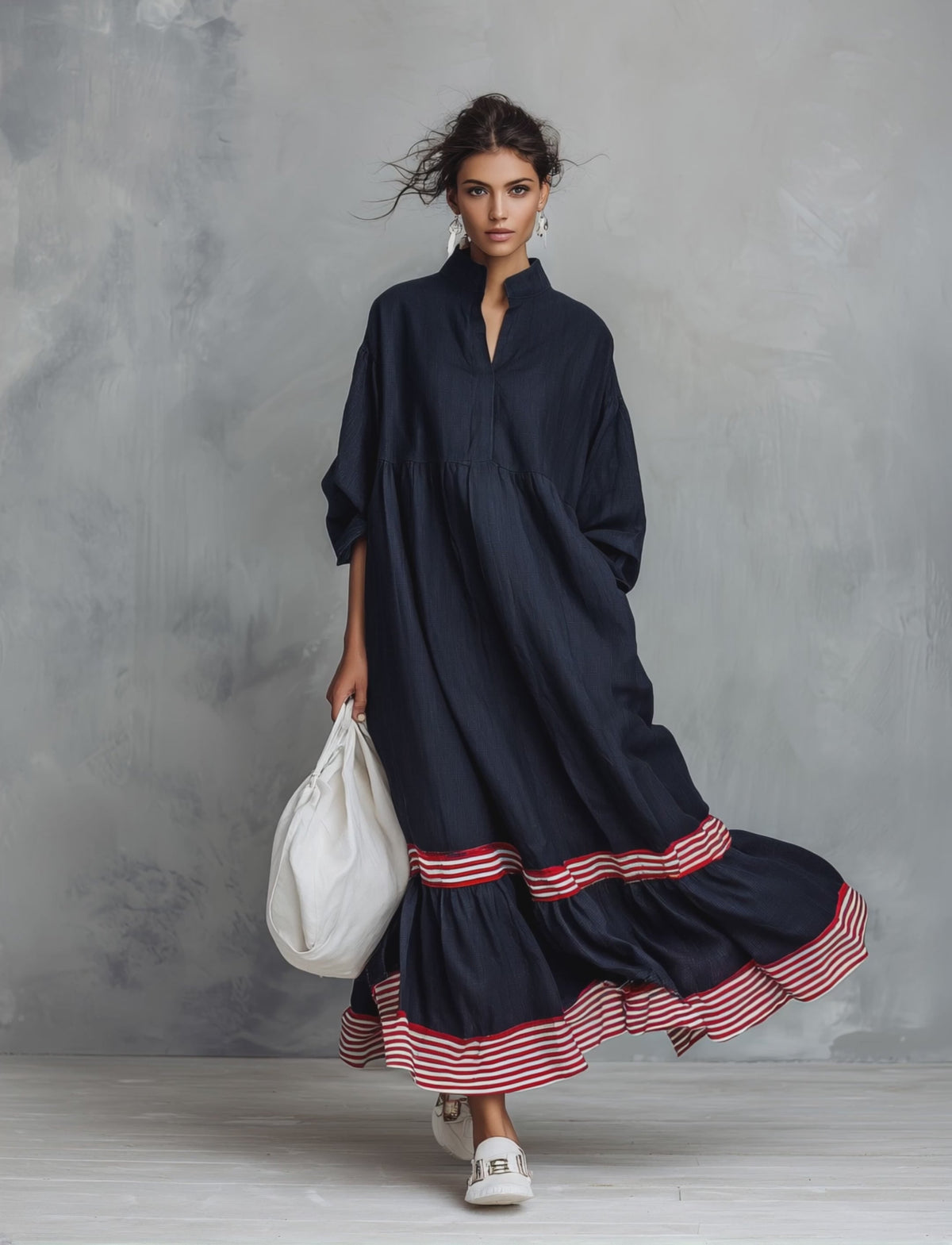 Round Neck Short Sleeve Striped Ruffle Tiered Maxi Dress 4