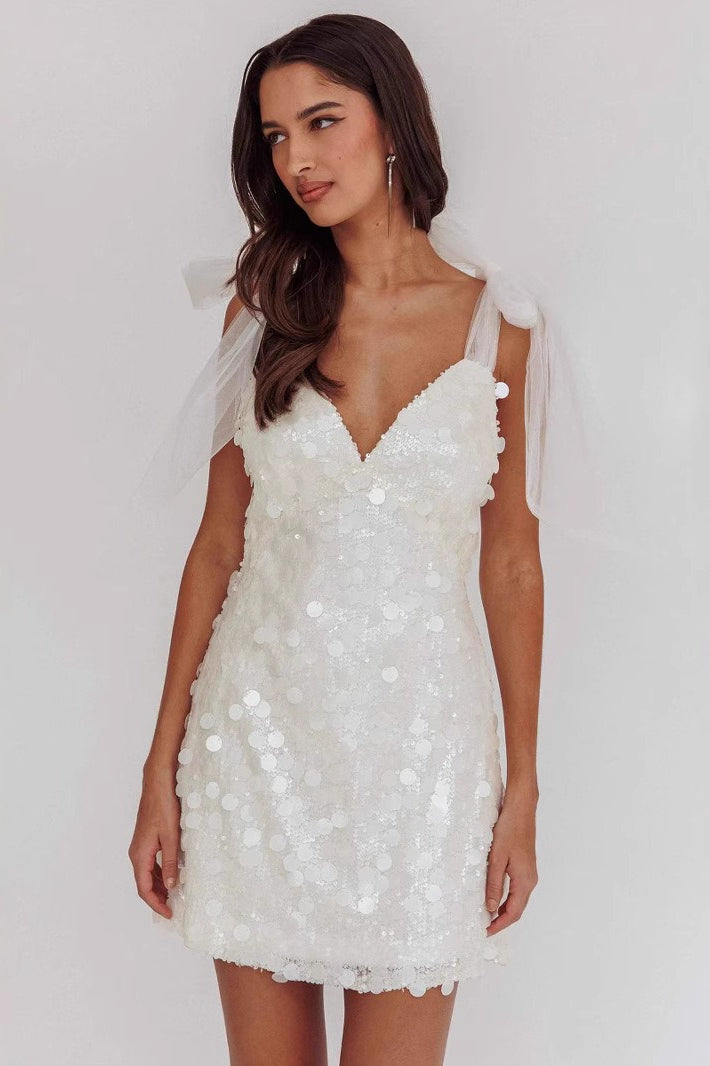 Sequin Deep V-Neck Tulle Bow Strap Bodycon Mini Party Dress - View 3