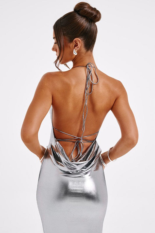Metallic Spaghetti Strap Ruched Bodycon Fishtail Maxi Dress - View 16