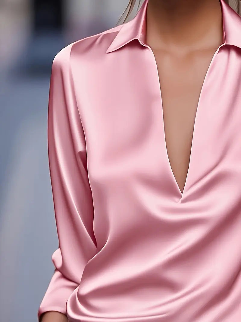 Collared Deep V-Neck Long Sleeve Satin Blouse 15