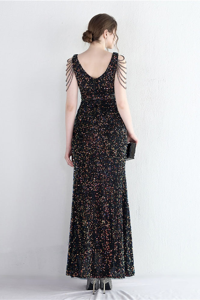 Sequin V-Neck Beaded Fringe High Split Mermaid Gown - View 6