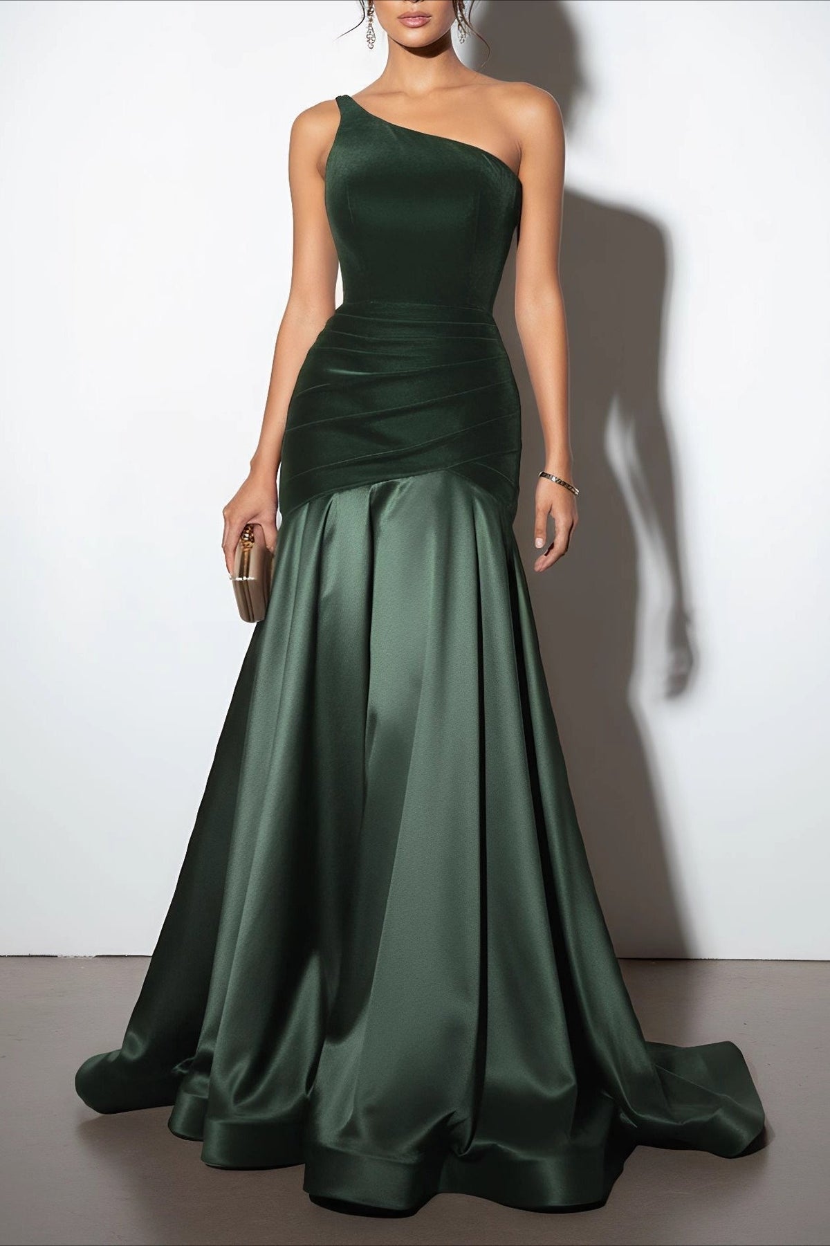 Velvet One Shoulder Ruched Mermaid Gown - View 3