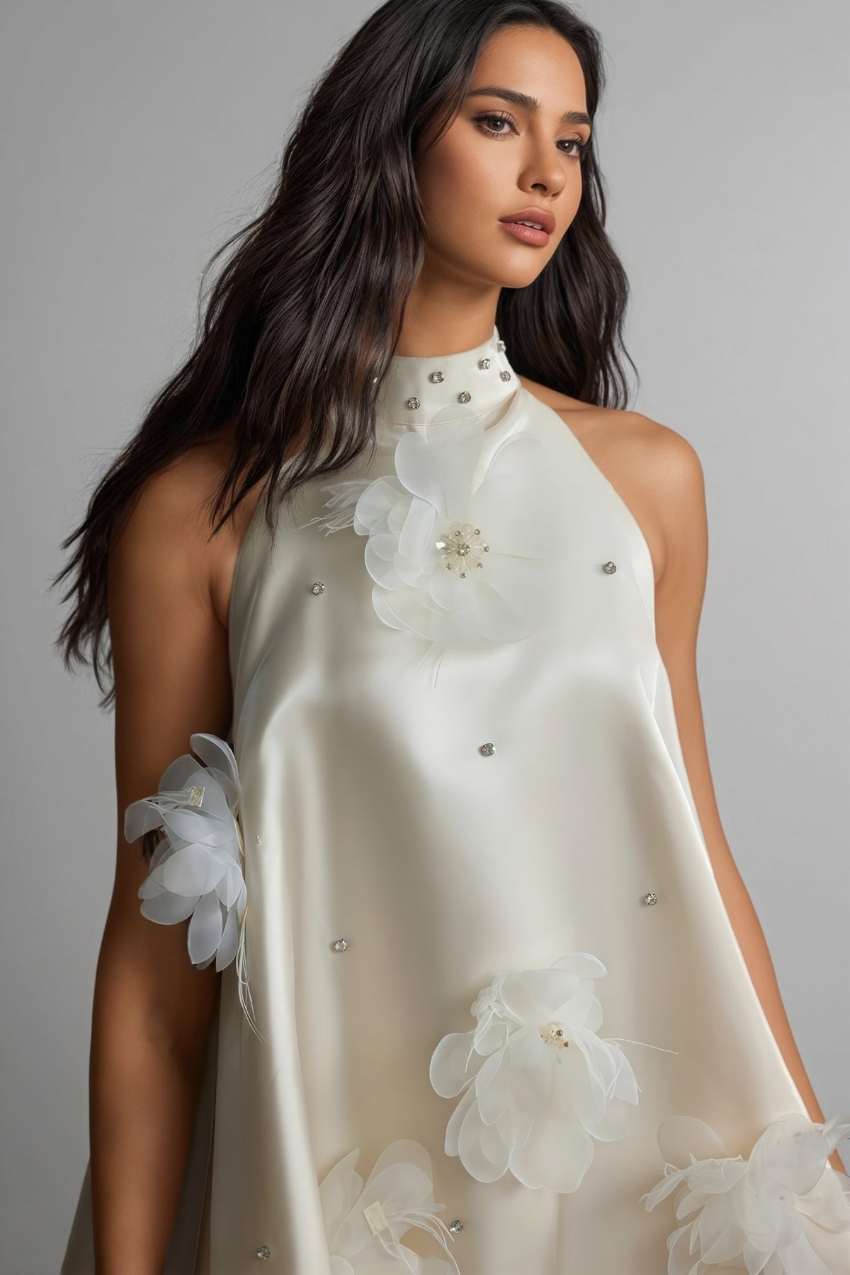 Floral Applique Halter Neck Sleeveless A-Line Mini Dress - View 6