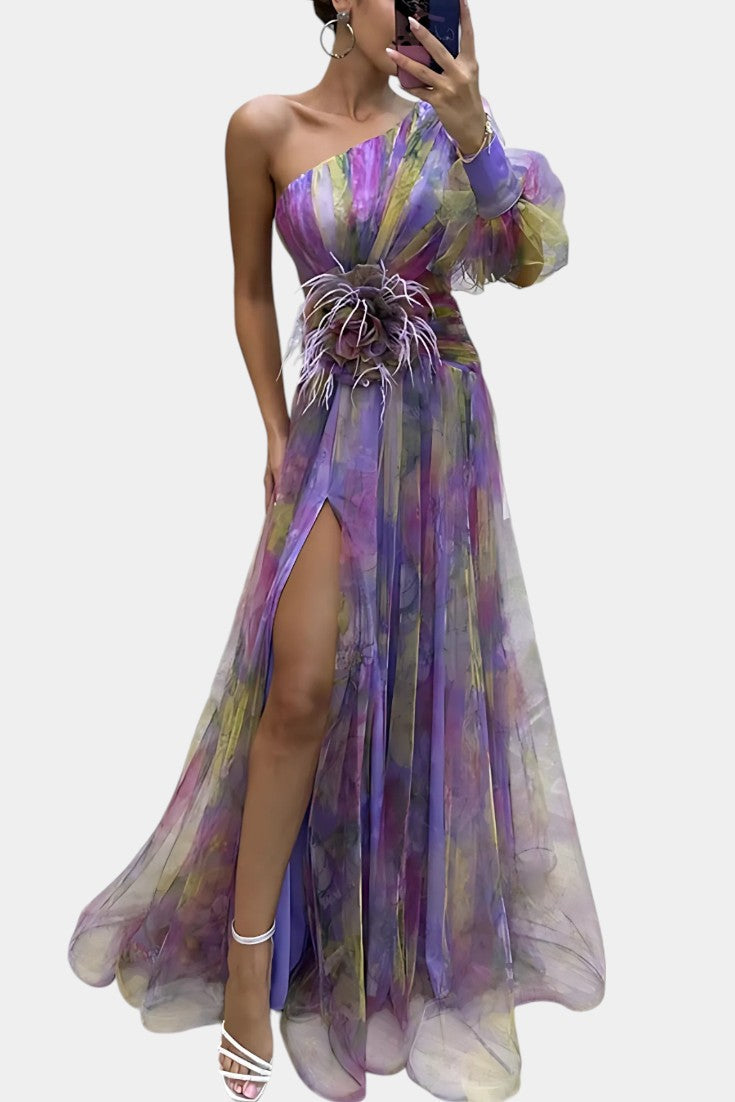 Floral One Shoulder Long Sleeve High Split Maxi Gown 4