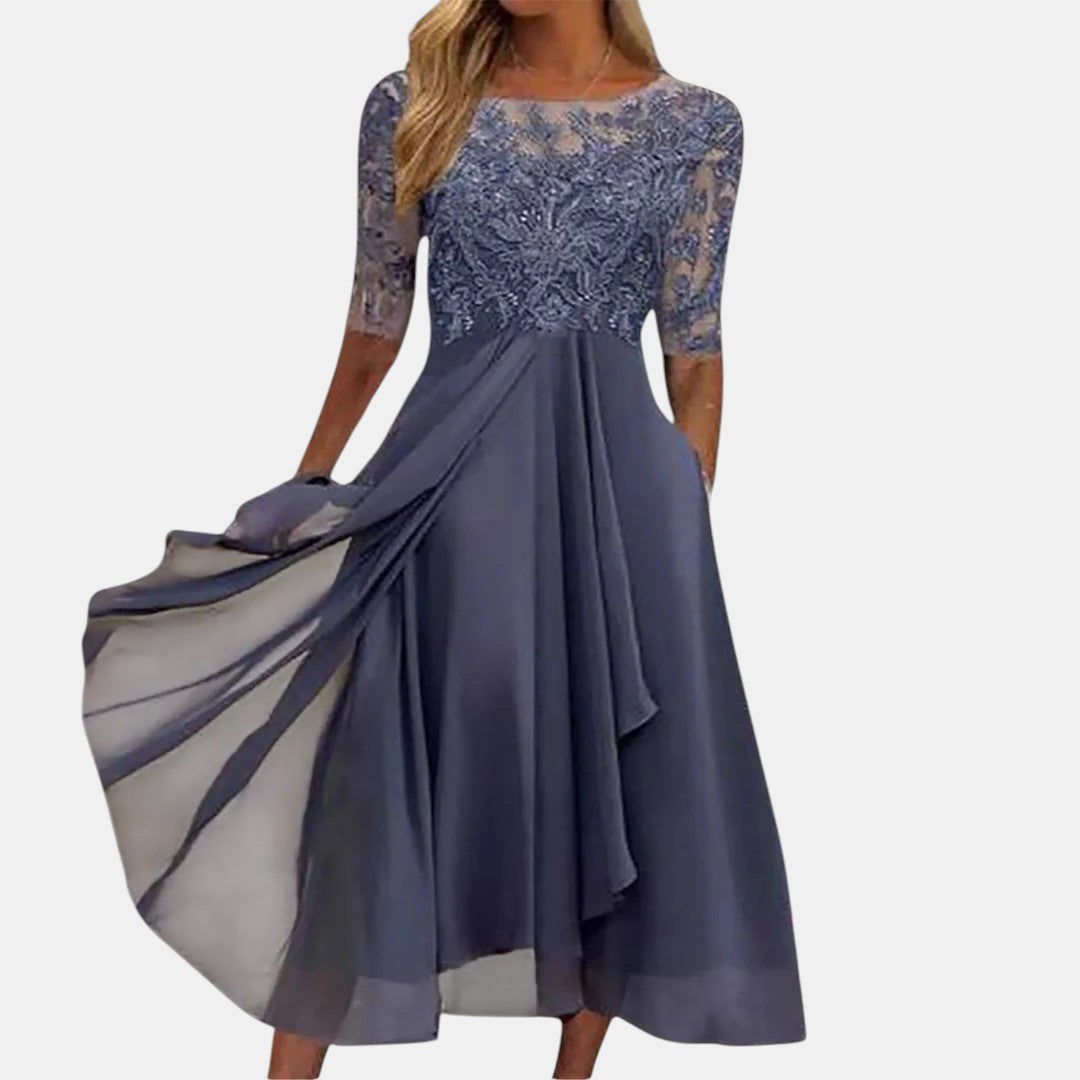 Lace Bodice Round Neck Half Sleeve Chiffon Midi Dress 5