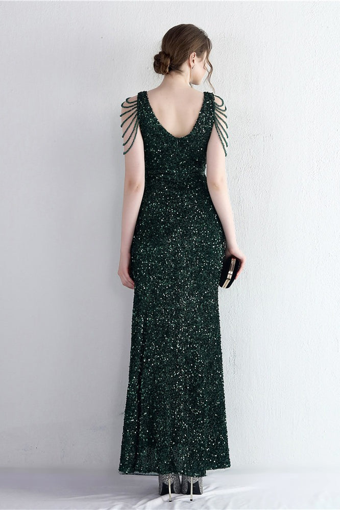 Sequin V-Neck Beaded Fringe High Split Mermaid Gown 30