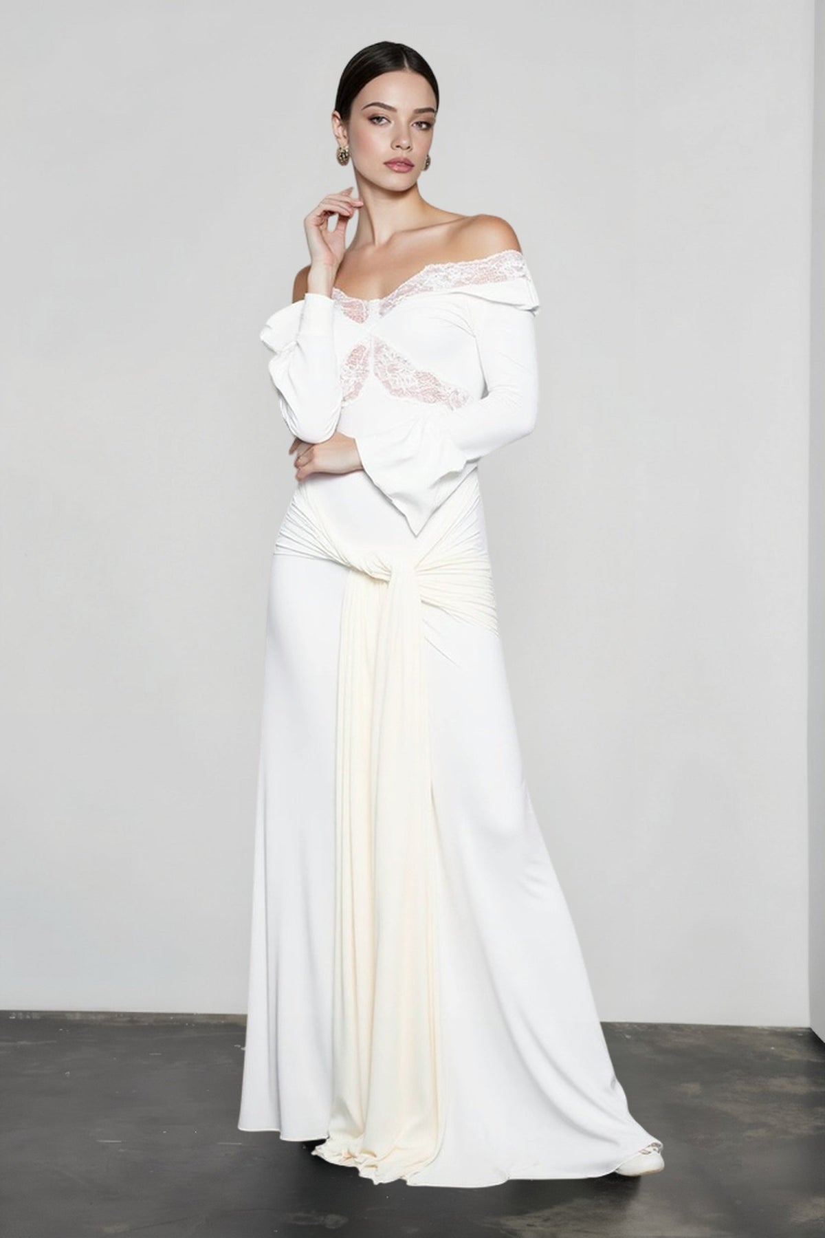 Off Shoulder Lace Trim Bell Sleeve Cut Out Maxi Dress - View 2