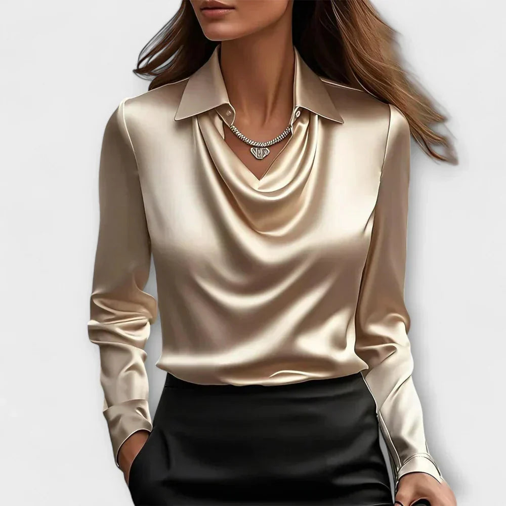 Draped Cowl Neck Long Sleeve Satin Blouse