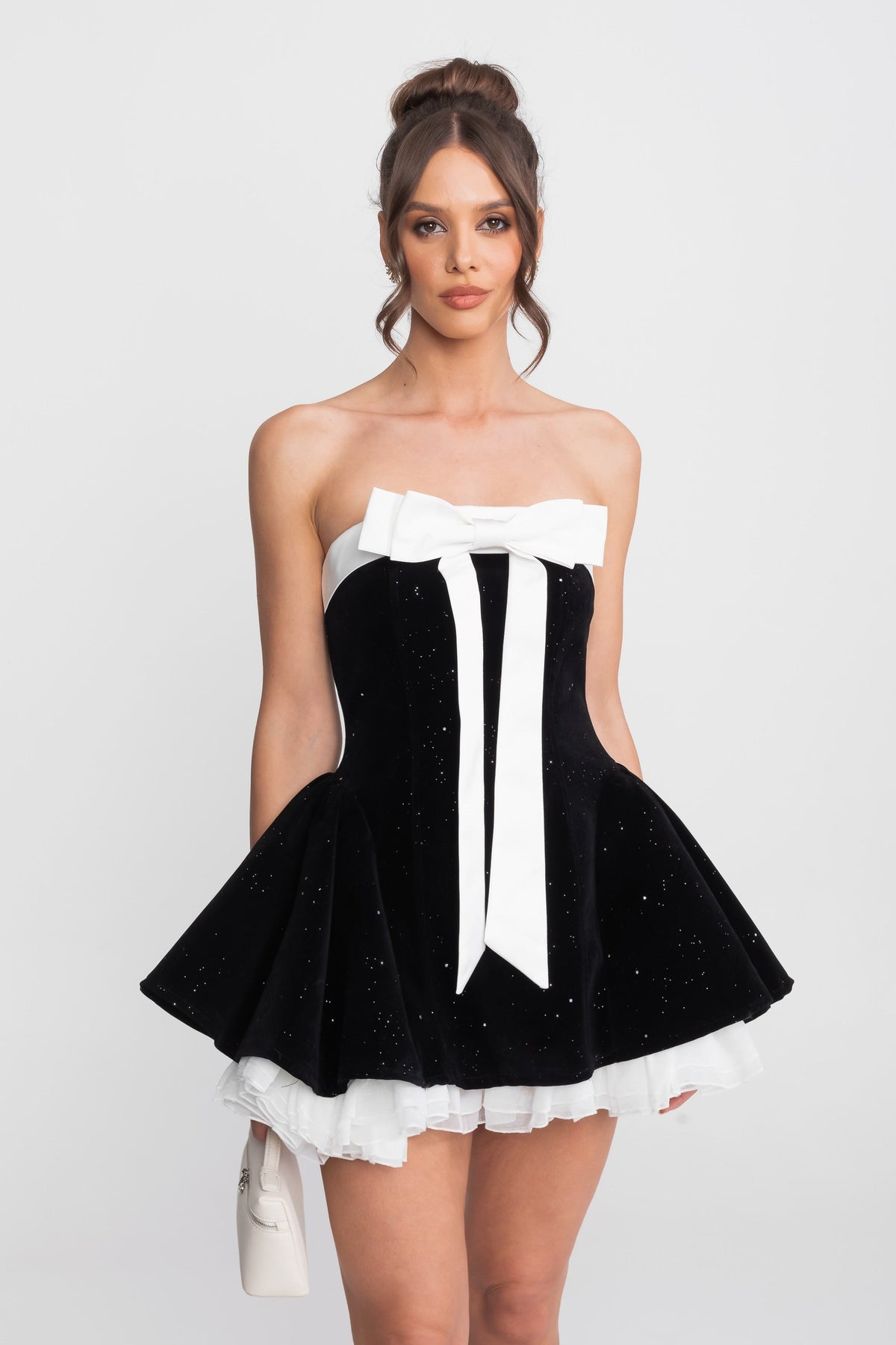 Strapless Velvet Mini Dress With Satin Bow And Ruffle Hem - Black - View 2