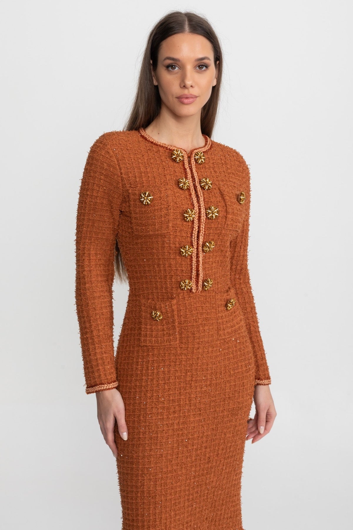 Tweed Braided Trim Rhinestone Sunburst Button Sheath Midi Dress - View 3
