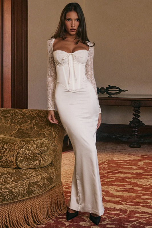 Satin Sweetheart Lace Sleeve Corset Mermaid Maxi Dress