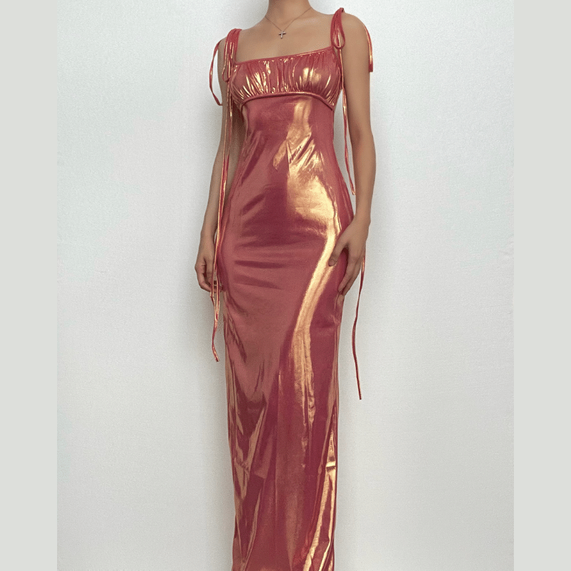 Metallic ruched backless self tie square neck maxi dress - View 2