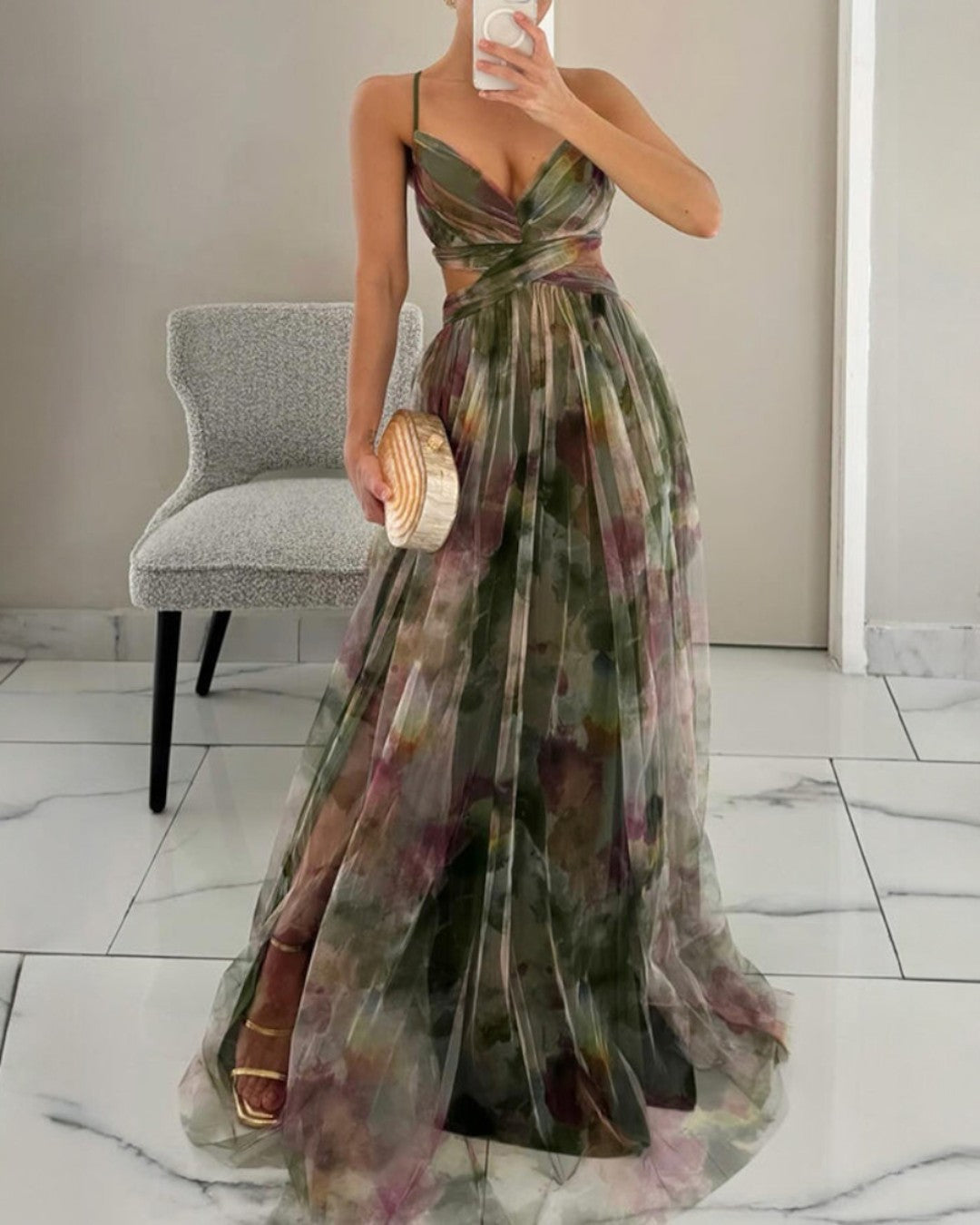 Watercolor Floral Print V-Neck Spaghetti Strap Flowy Maxi Dress 6