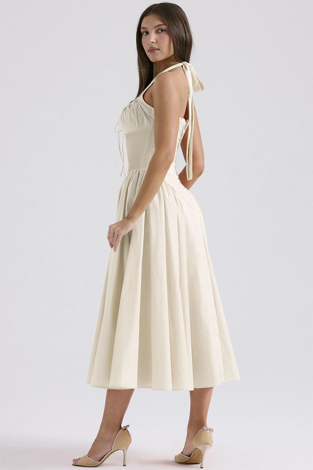 Halter Neck Ruched Corset Fit and Flare Midi Dress - View 8