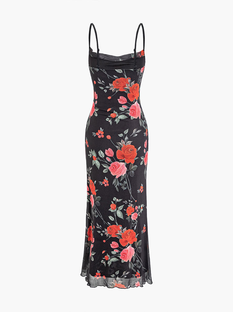 Floral Print Mesh Spaghetti Strap Maxi Dress - View 4