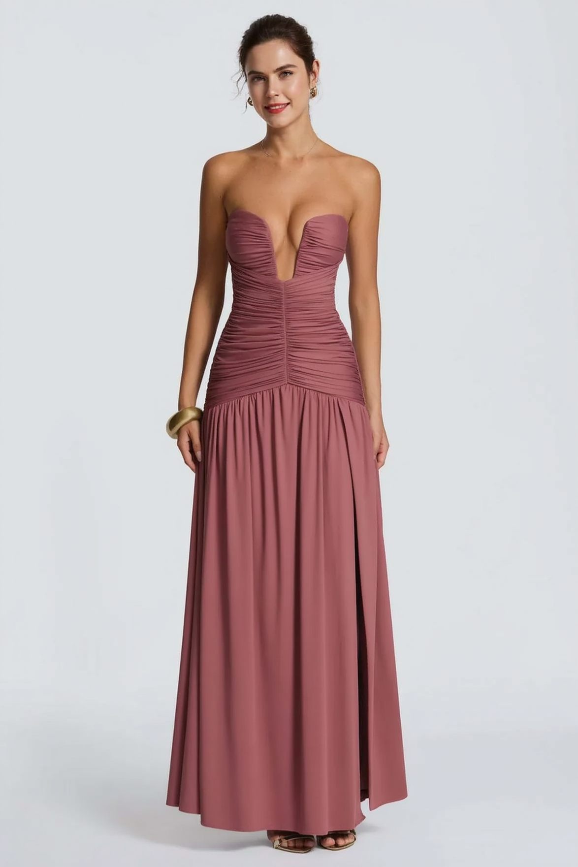 Strapless Plunge Ruched High Split Maxi Formal Gown - View 10