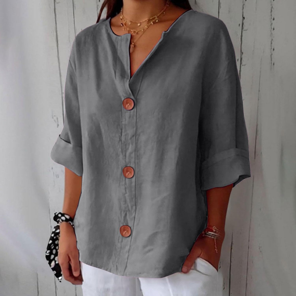 Split Neck Roll Sleeve Button Front Blouse 5