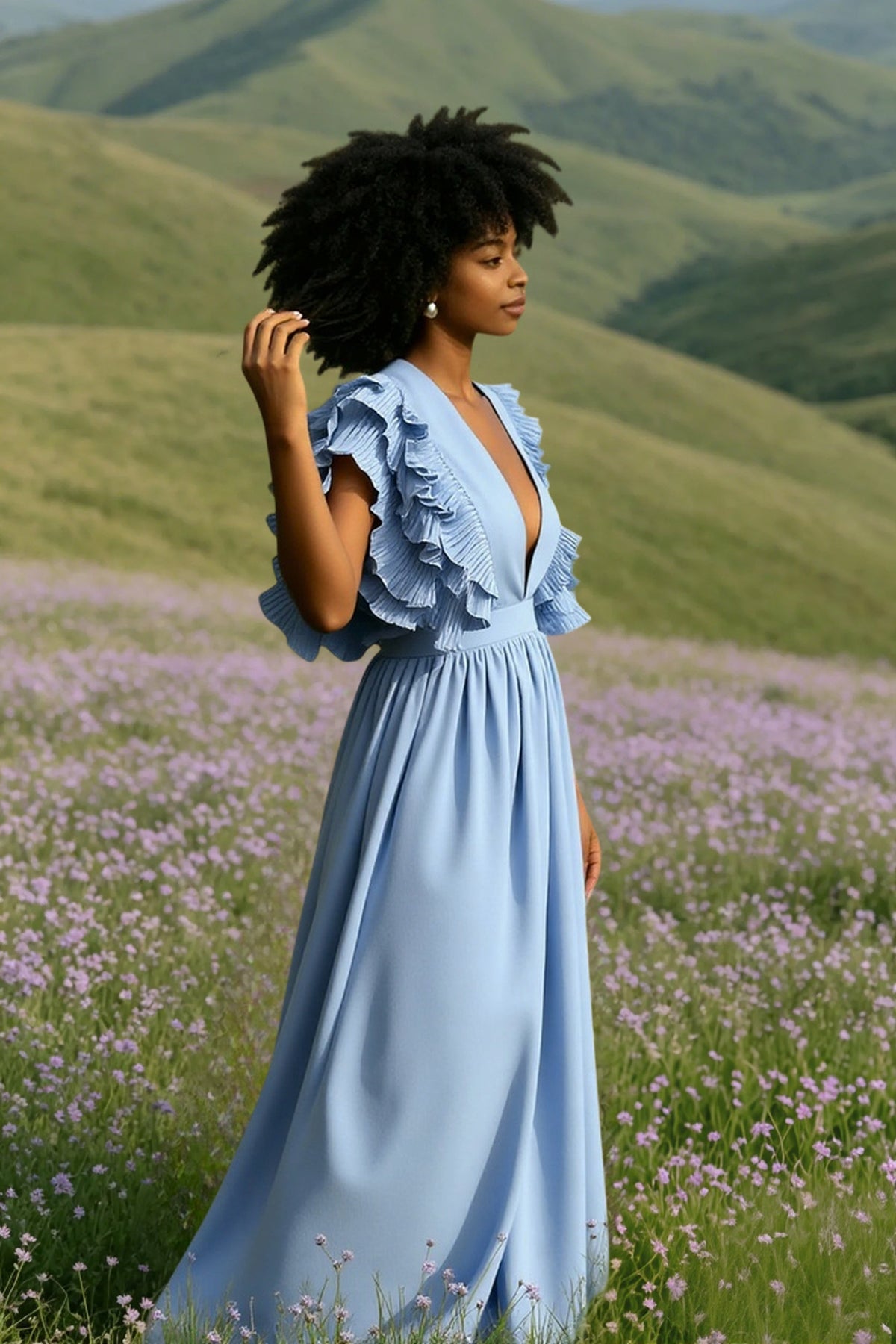 Deep V-Neck Ruffle Sleeve Pleated A-Line Maxi Dress 7