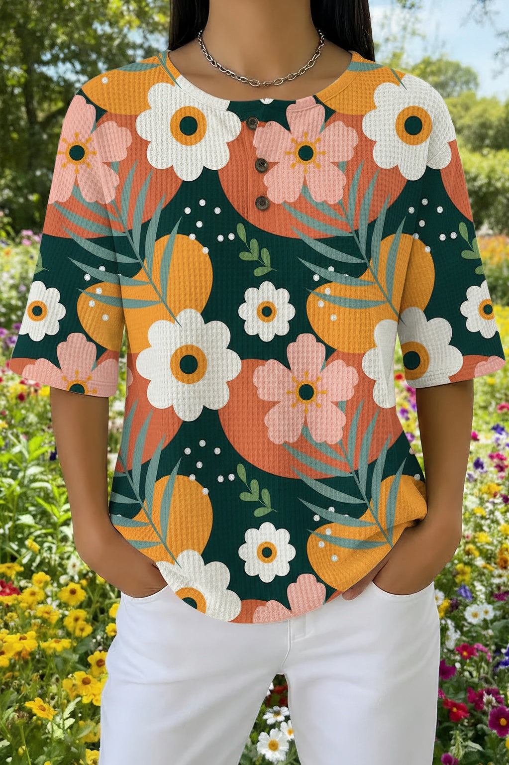 Bold Floral Print Short Sleeve Waffle Henley Top