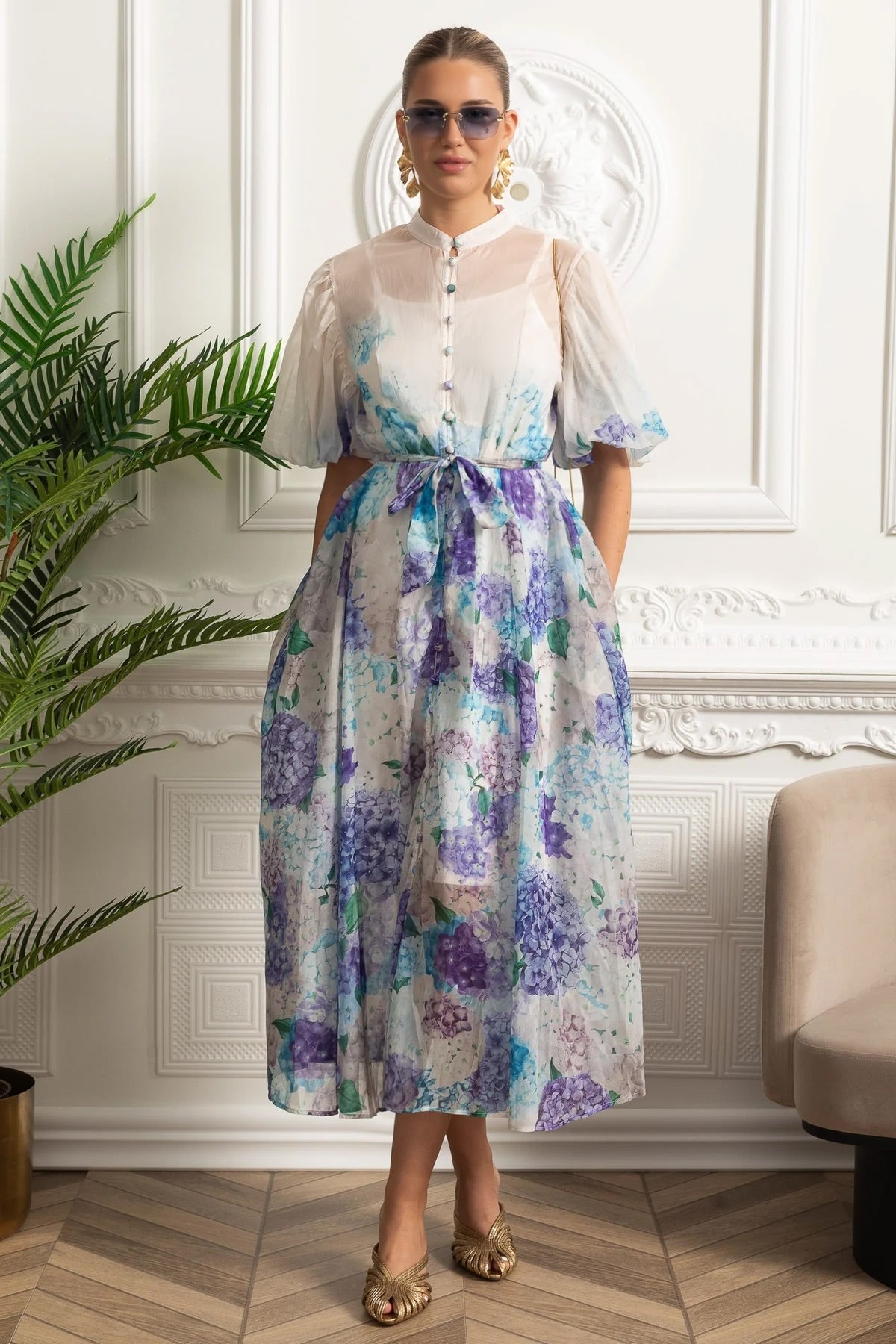 Sheer Organza Midi Shirt Dress Mandarin Collar Puff Sleeve Tie Belt