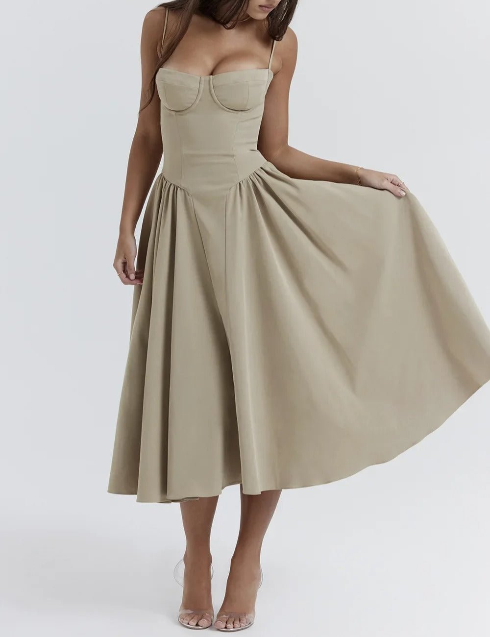 Spaghetti Strap Sweetheart Corset Fit and Flare Midi Dress 29