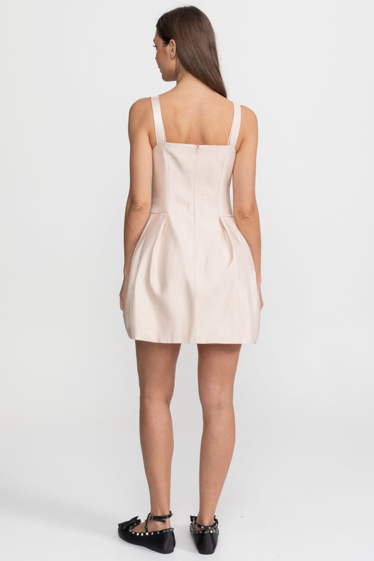 Satin Mini Dress with Crystal Bow Strap Detail – Blush - View 5