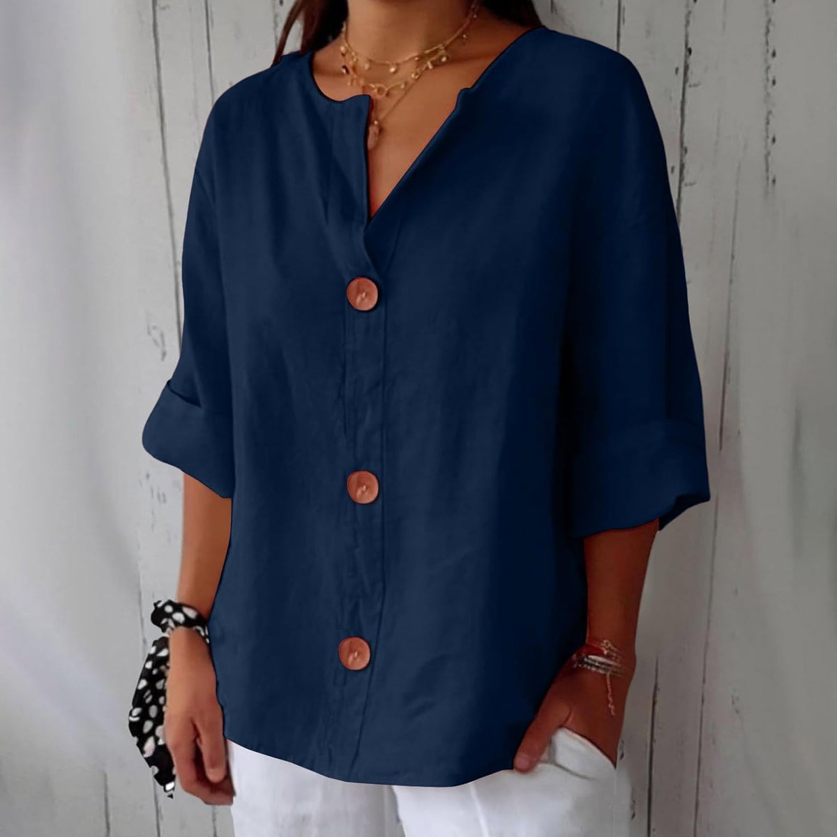 Split Neck Roll Sleeve Button Front Blouse 4