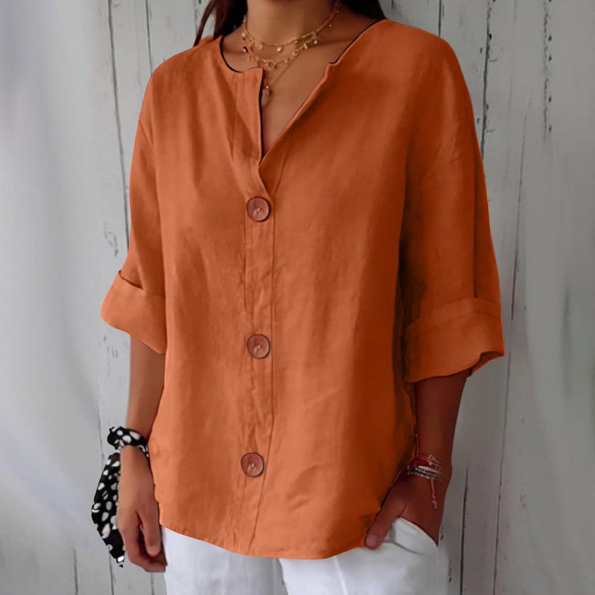 Split Neck Roll Sleeve Button Front Blouse 8